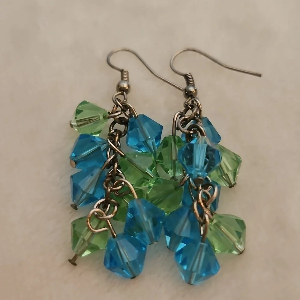 Vintage Elegant Blue and Green Crystal Cluster Dangle Hook Earrings
